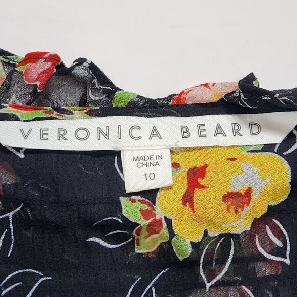 Veronica Beard Black Floral Armeria Dress 10 Chiffon Ruched Sheer Long Sleeve - Picture 4 of 13